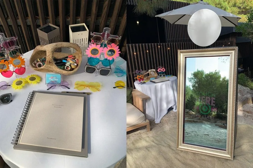 Mariés et invités posant devant le PixMeBox Miroir lors d’un mariage